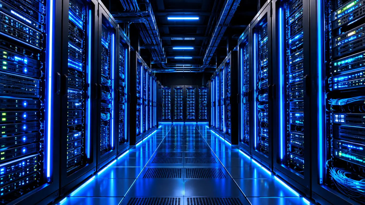 Data center con racks de servidores iluminados en azul