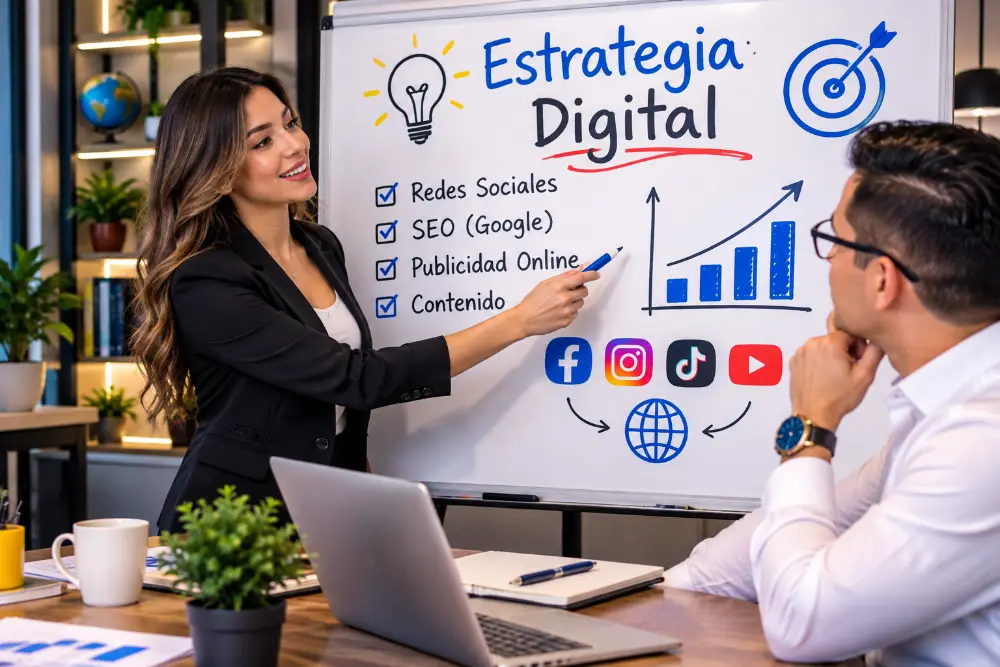 Presentación de estrategia digital en una pizarra: redes sociales, SEO, publicidad y contenido