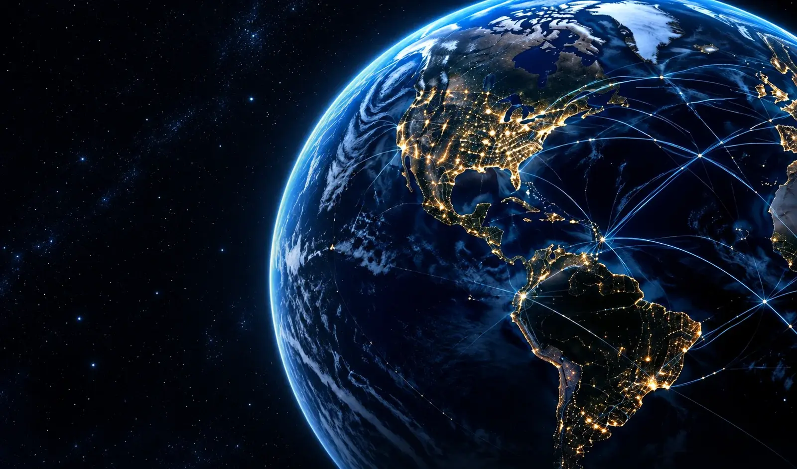 La Tierra conectada por redes digitales azules y doradas