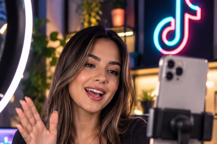Creadora de contenido haciendo un live en redes sociales con su celular