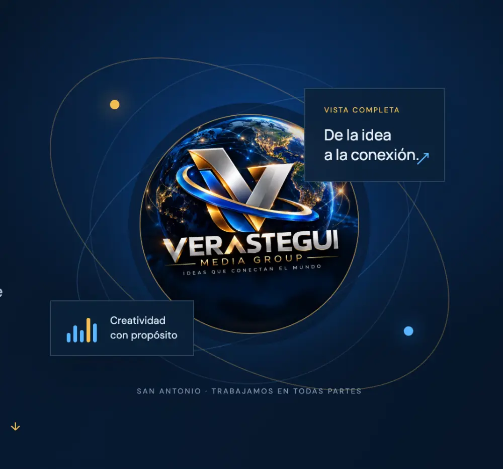 Logo de Verastegui Media Group sobre el mundo conectado: Ideas que conectan el mundo